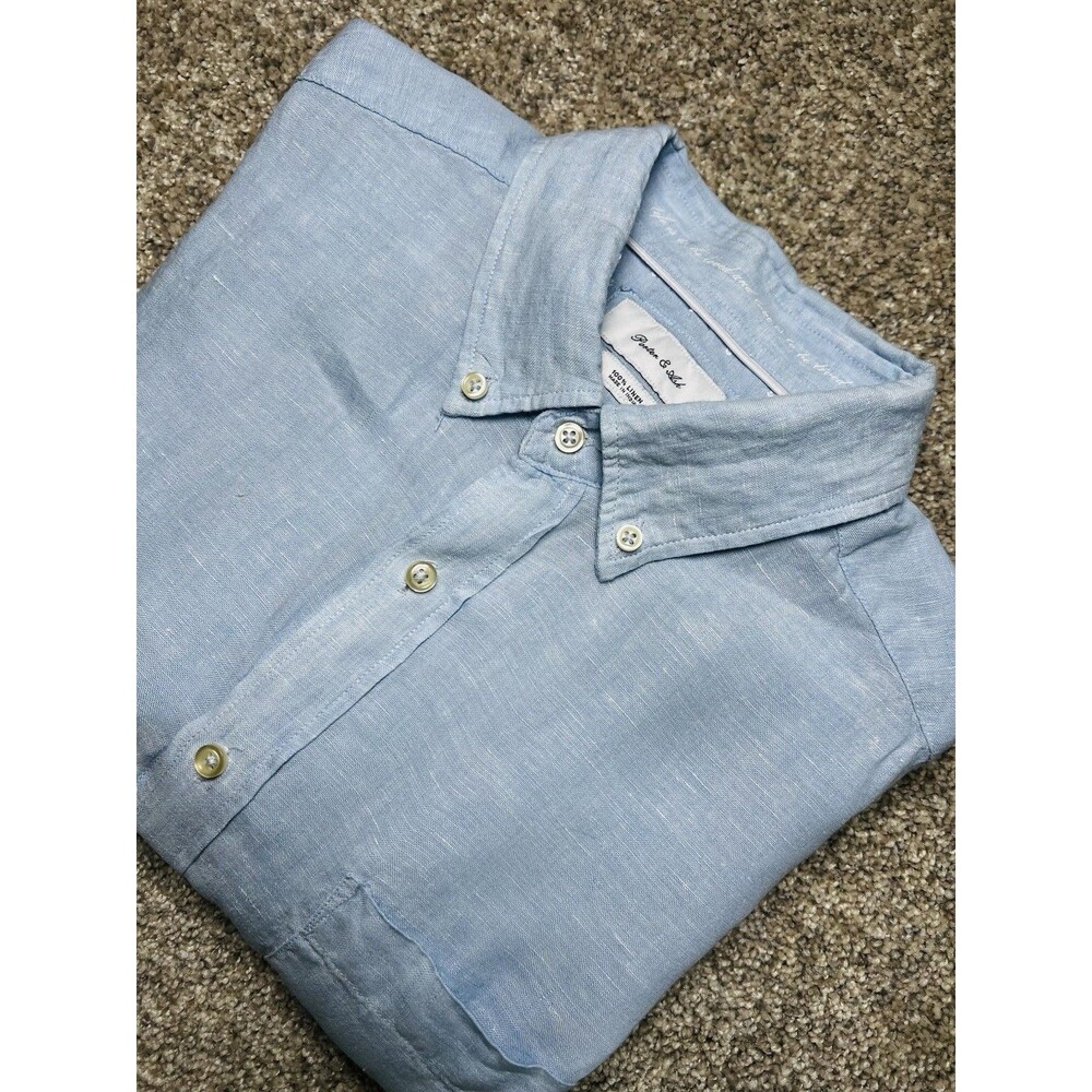 Porter & Ash Blue 100% Linen Short Sleeve Button Down Shirt Men's Size Large